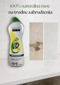 CIF Żółte Citrus mleczko do szorowania 750ml Professional z mikrokryształkami, butelka na tle białych kafelek.