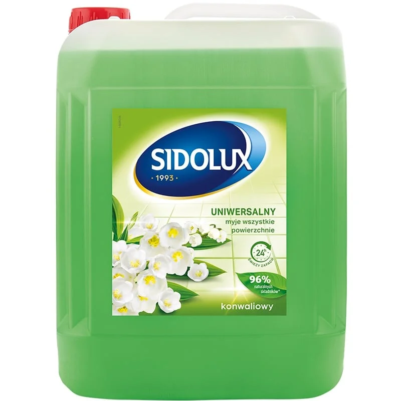 Płyn SIDOLUX uniwersalny do mycia 5L konwaliowy, zielony płyn w pojemniku z białą etykietą.
