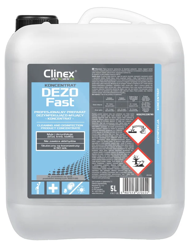 CLINEX DezoFast koncentrat dezynfekująco-myjący 5L w białym kanistru z etykietą produktu.