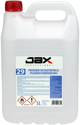 JAX do dezynfekcji powierzchni 29 5L powierzchnie płaskie, sprzęt medyczny i aparatura bez spłuk... Alkoholowy preparat do szybkiej i dokładnej dezynfekcji nieporowatych powierzchni, wyposażeń zakładów przetwórczych oraz innych trudno dostępnych miejsc, a także przedmiotów mających kontakt z żywnością.
Nie zawiera formaldehydu, dzięki czemu nie odba...