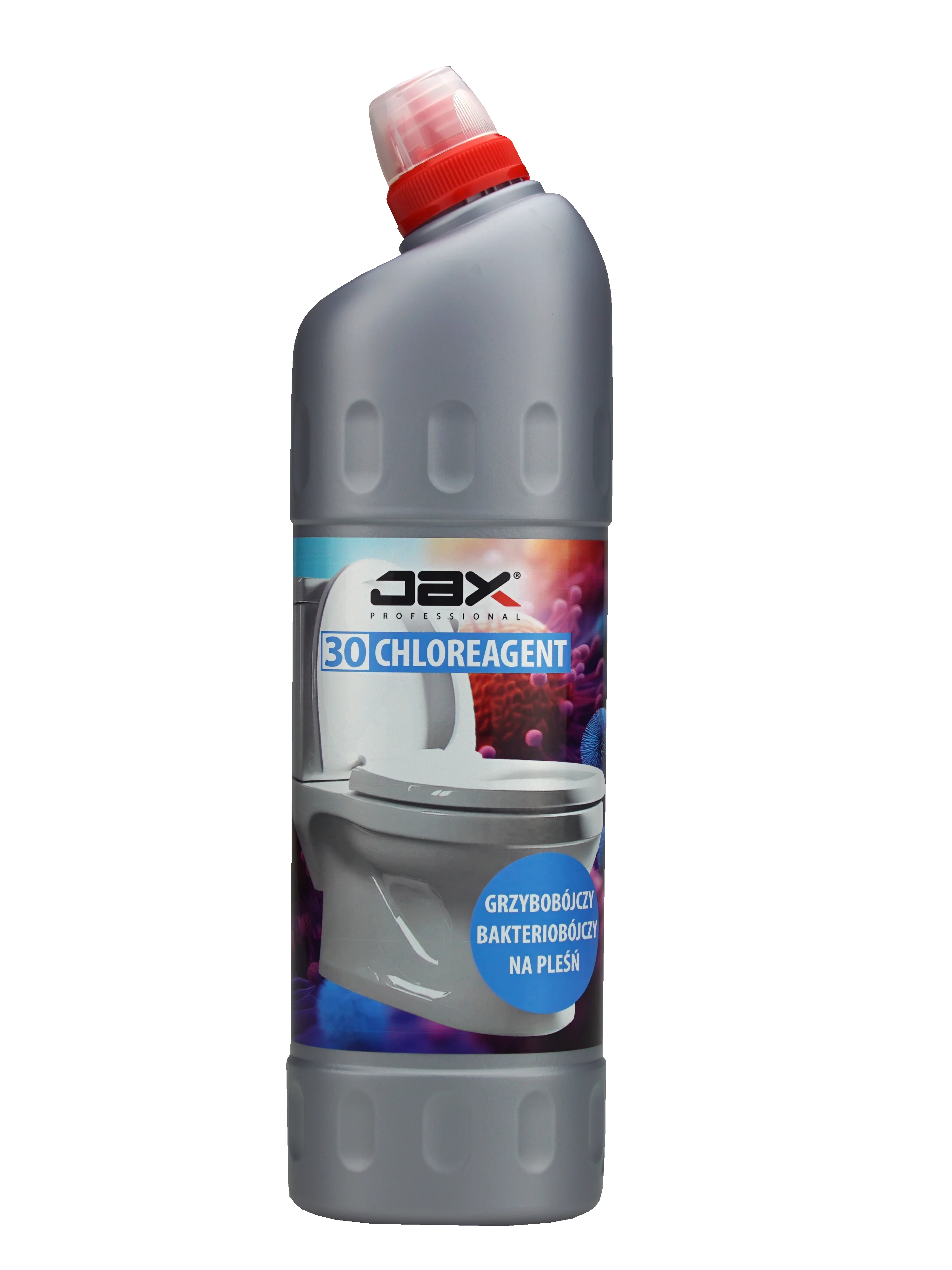 Jax Professional Chloreagent 30, płyn do mycia i dezynfekcji WC w szarej butelce 1 l z czerwoną zakrętką.