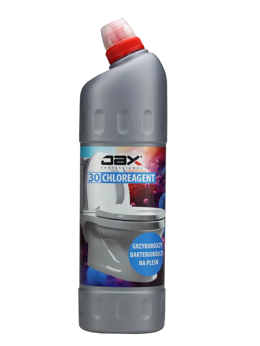 Jax Professional Chloreagent 30, płyn do mycia i dezynfekcji WC w szarej butelce 1 l z czerwoną zakrętką.