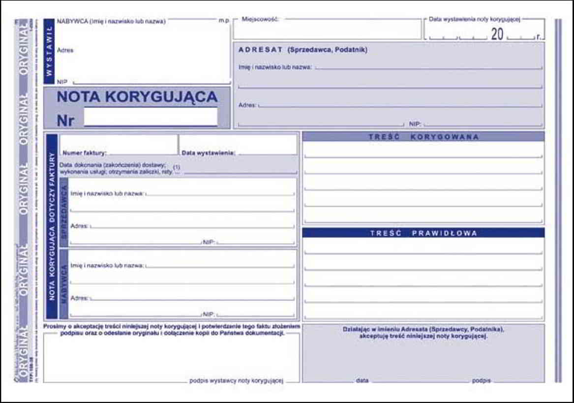 Nota korygująca A5 wielokopia DR z polami do wypełnienia dla nabywcy i sprzedawcy