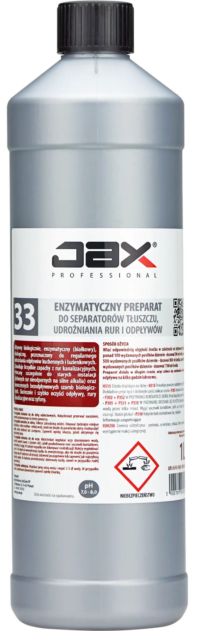JAX Enzymatyczny preparat do UDRAŻNIANIA RUR 33 1L JAX Enzymatyczny preparat do udrażniania rur 1L, przezroczysta butelka z czarnym korkiem