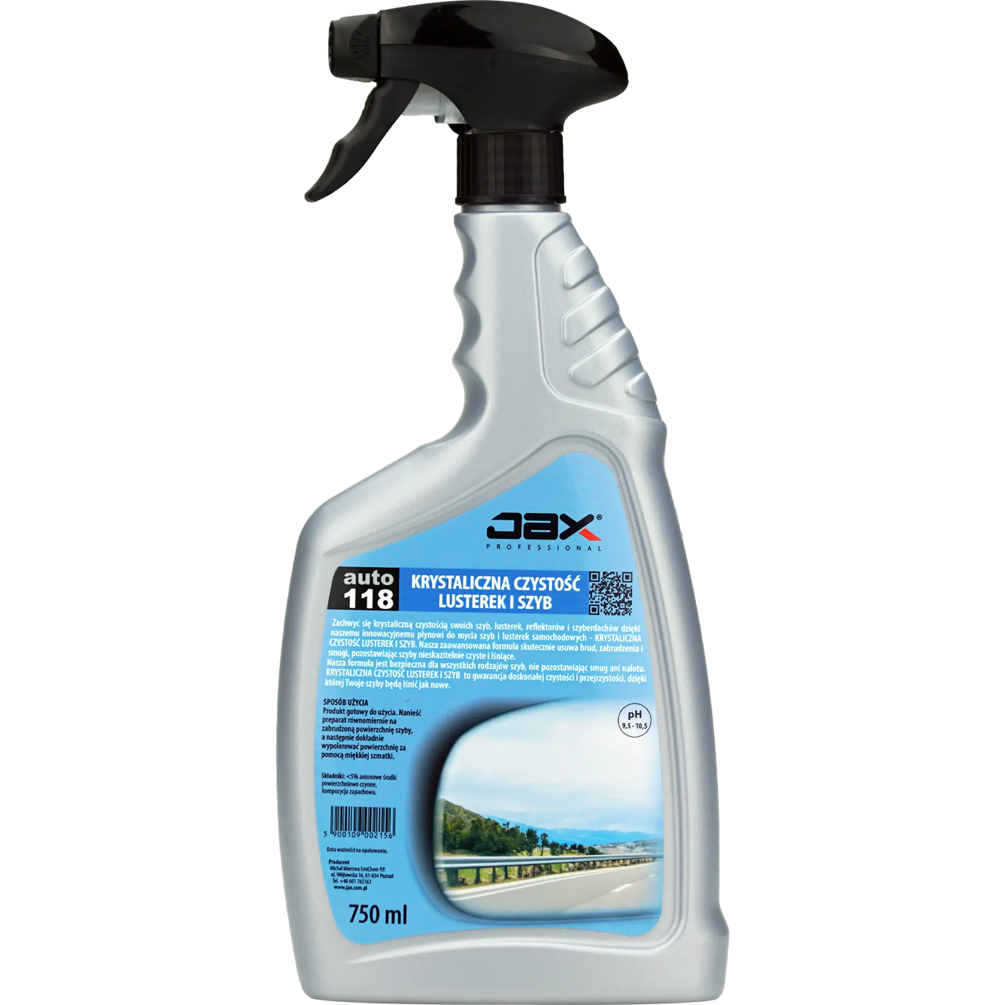 JAX płyn do mycia szyb 750ml w butelce z rozpylaczem, professional auto 118 krystaliczna czystość.