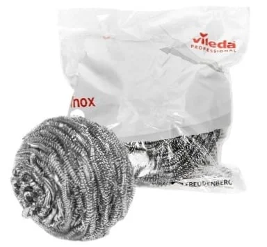 Druciak Vileda Inox 40g w opakowaniu, spiralna metalowa gąbka do czyszczenia.