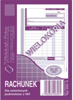 Druk Rachunek dla zwolnionych podmiotów z VAT A6222-5 w opakowaniu 25 sztuk, biały formularz z fioletowymi elementami graficznymi.