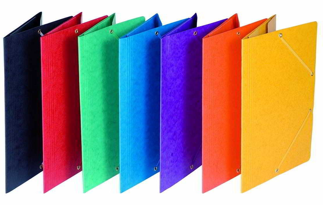 Teczka papierowa A4 z gumką narożną w różnych kolorach, zamykana gumkami w narożnikach.