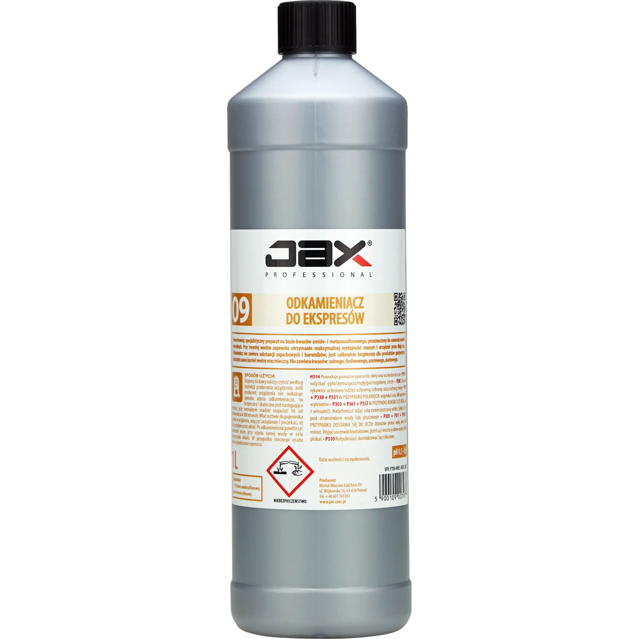 JAX Professional odkamieniacz do ekspresów 09, butelka 1L, bezbarwny płyn w opakowaniu metalowym z czarną nakrętką.