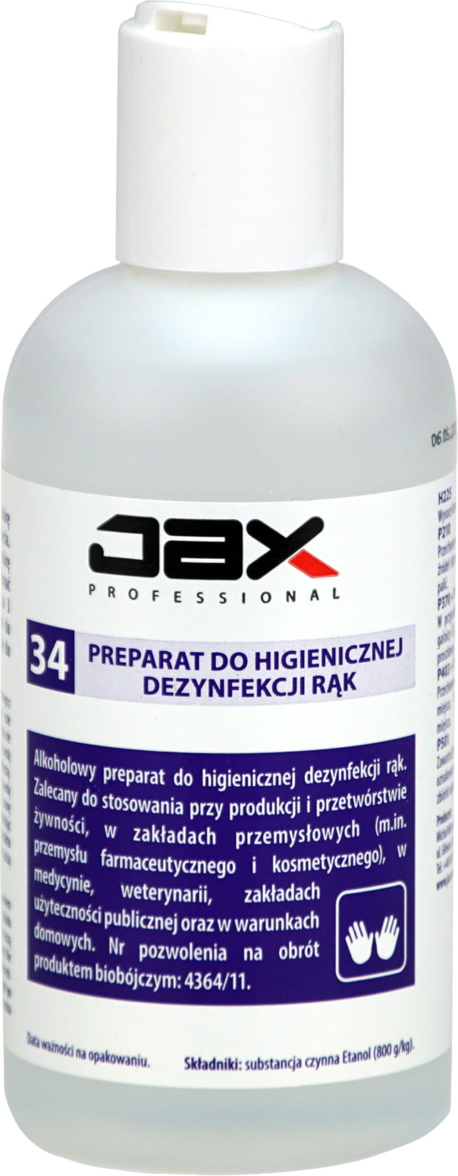 JAX 34 preparat do higienicznej dezynfekcji rąk 1L w białej butelce.