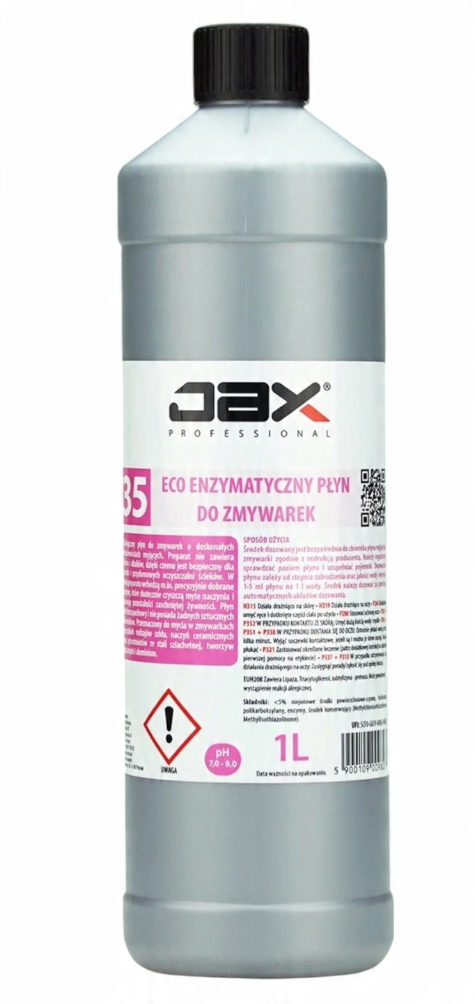 JAX mycie naczyń do zmywarek ECO enzymatyczny 1L, płyn w butelce metalowej z czarną nakrętką