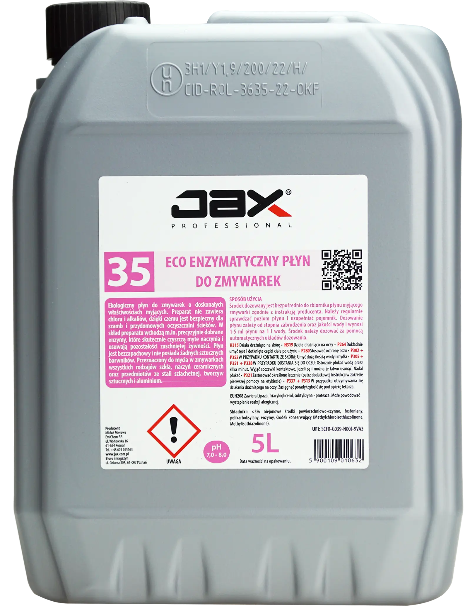 JAX mycie naczyń w zmywarkach ECO ENZYMATYCZNY 5L Wydajny, wysokoalkaiczny śordek myjący do zmywarek gastronomicznych wyposażonych w urządzenie dozujące. Preparat bez trudu usuwa zabrudzenia z tłuszczu, białka i skrobi. Oprócz doskonałych właściwości myjących produkt zapewnia długą żywotność urządzeni...