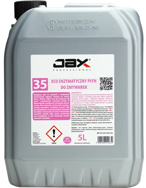JAX mycie naczyń w zmywarkach ECO ENZYMATYCZNY 5L Wydajny, wysokoalkaiczny śordek myjący do zmywarek gastronomicznych wyposażonych w urządzenie dozujące. Preparat bez trudu usuwa zabrudzenia z tłuszczu, białka i skrobi. Oprócz doskonałych właściwości myjących produkt zapewnia długą żywotność urządzeni...
