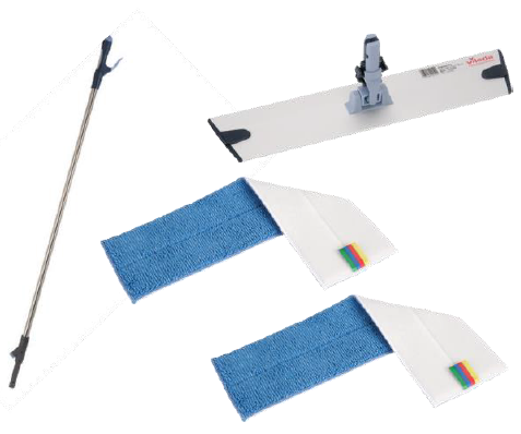 Zestaw mopa Vileda SprayPro Inox ze spryskiwaczem, dwa niebieskie wkłady Velcro i drążek.