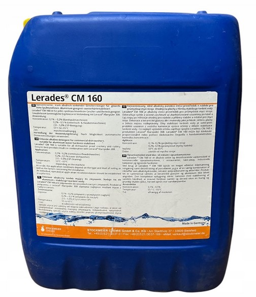 Kanister STOCKMEIER Lerades CM160 12kg do zmywarek, chlorowo-alkaliczny środek myjący w niebieskim opakowaniu.