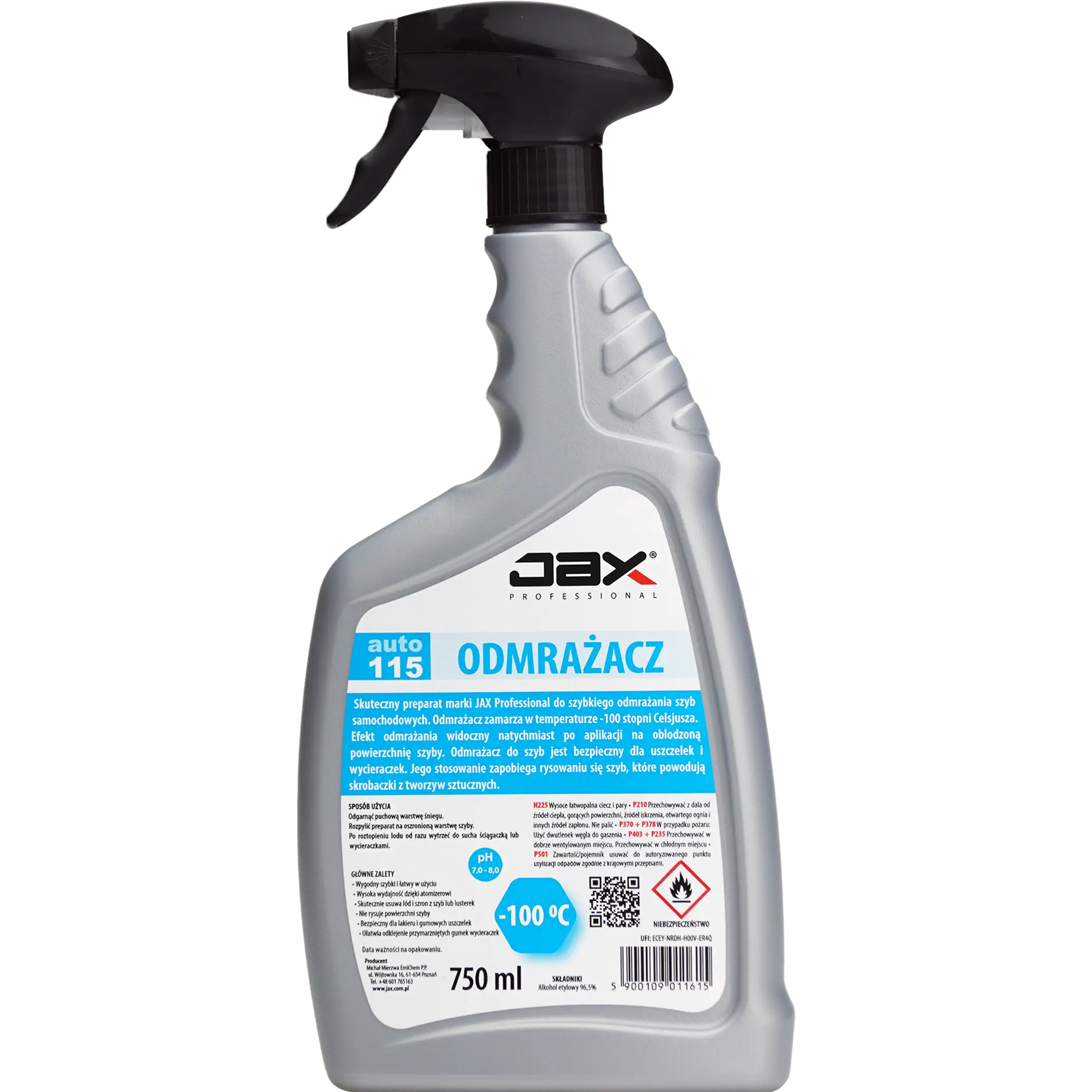 JAX Odmrażacz 750ml w butelce ze spryskiwaczem, preparat do odmrażania szyb samochodowych.