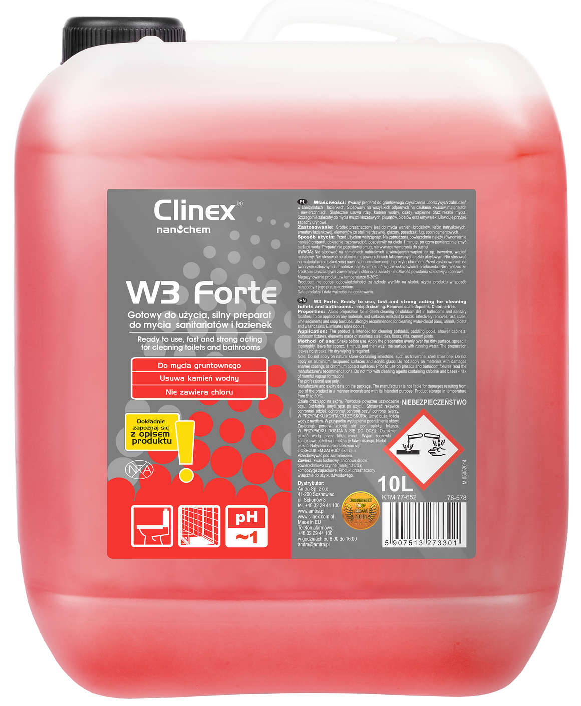Clinex W3 Forte 10L różowy preparat kwaśny do czyszczenia łazienek i sanitariatów.
