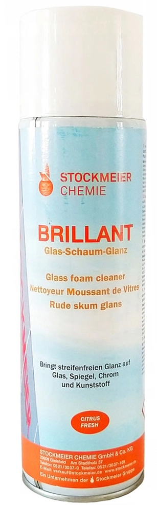 STOCKMEIER BRILLANT pianka do szyb 500ml w aerozolu z białą pompką, zapachu cytrynowego, na białym tle.
