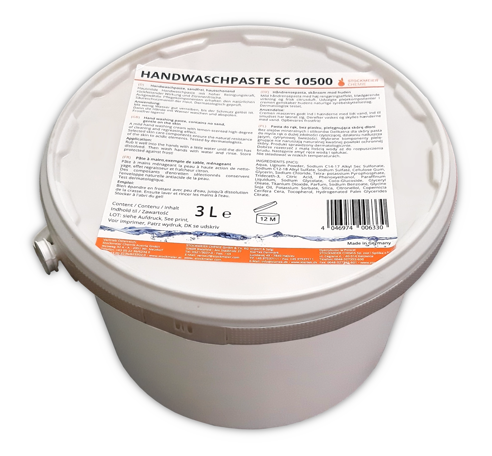 Pasta do mycia rąk STOCKMEIER HANDWASCHPASTE SC 10500 wiórowa 3L w białym wiadrze z etykietą.