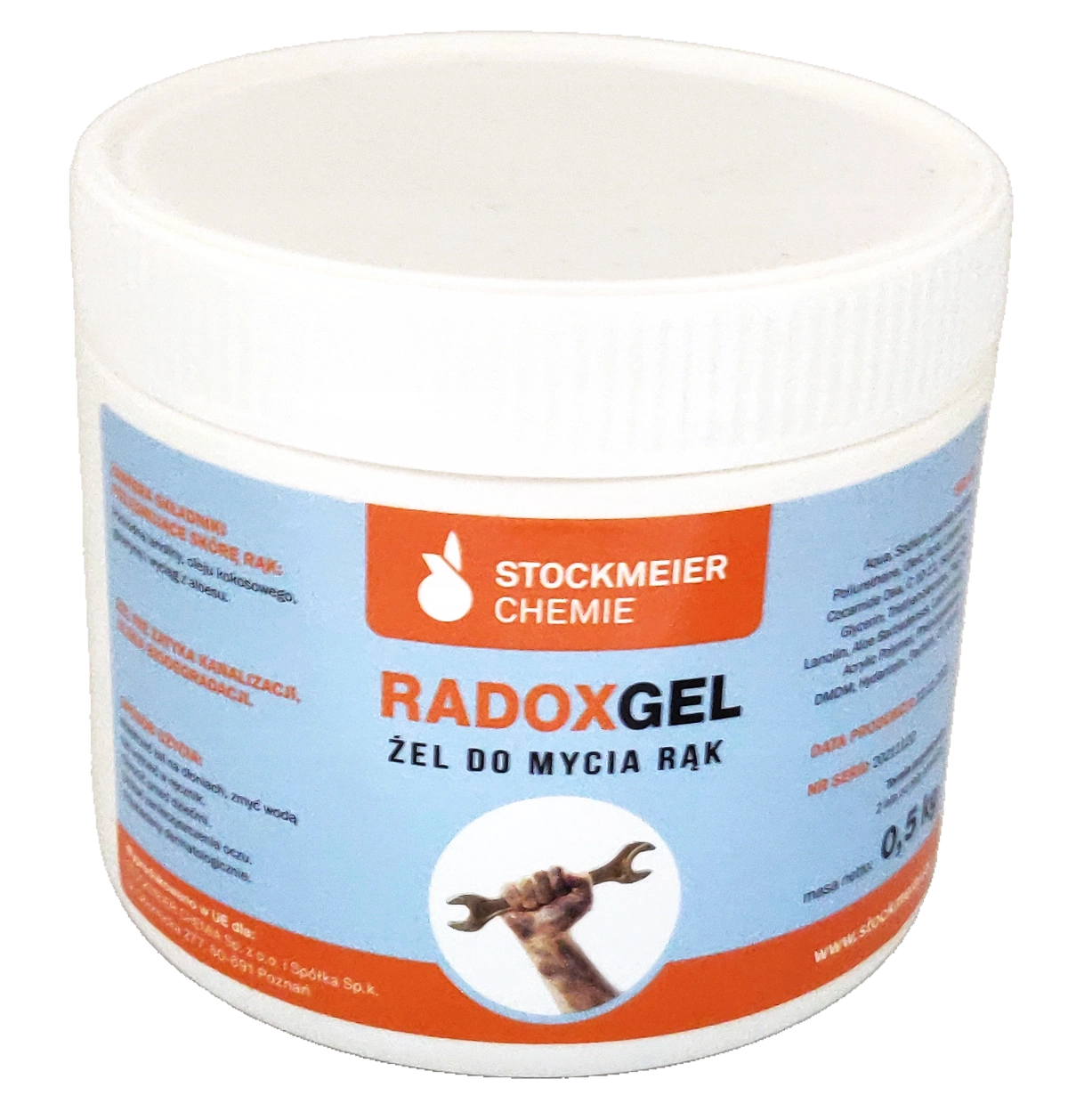 STOCKMEIER RADOXGEL żel do mycia rąk warsztatowy 0,5kg w białym słoiku z etykietą niebiesko-pomarańczową.