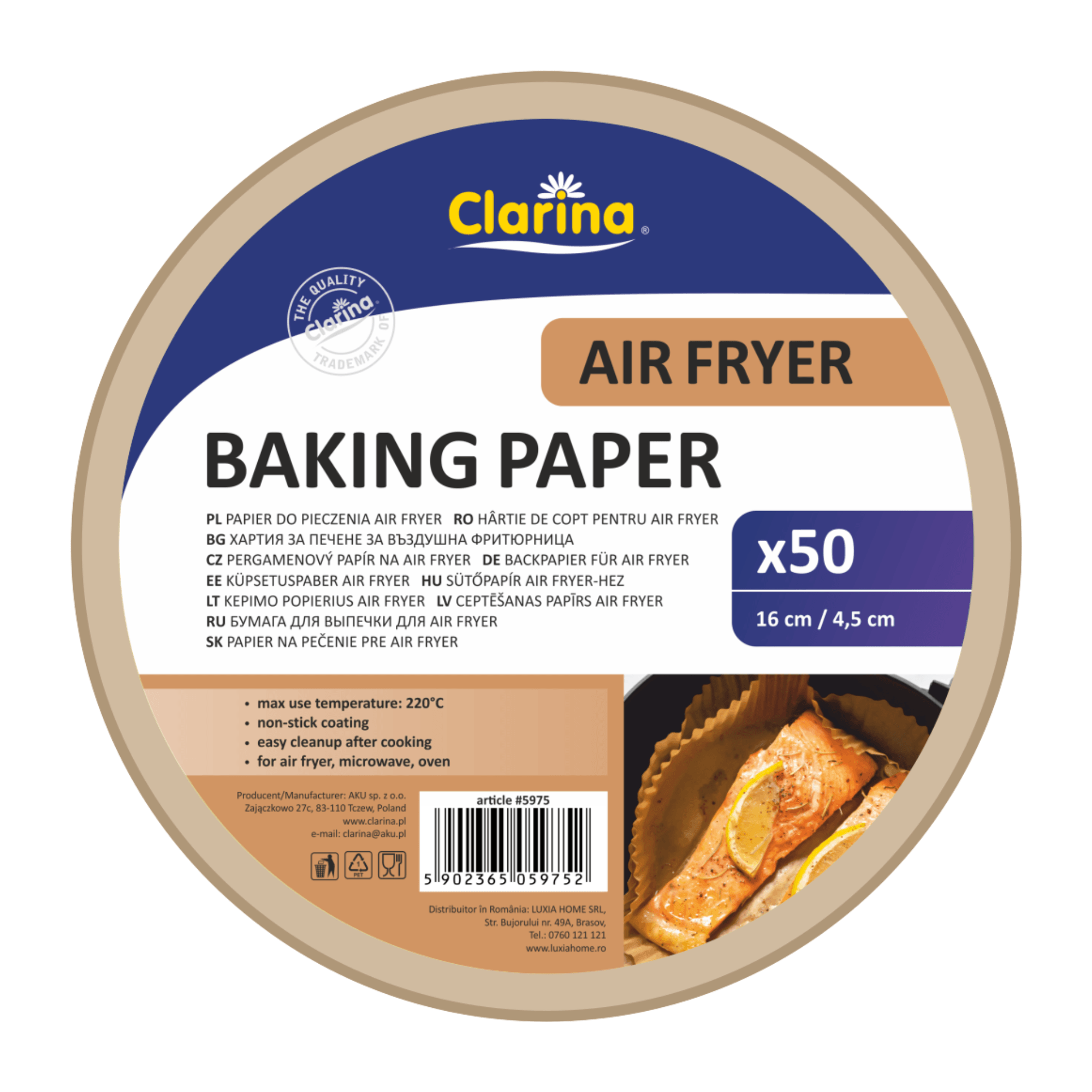 Papier do pieczenia Air Fryer Clarina okrągły 16cm 50 sztuk z powłoką antyadhezyjną