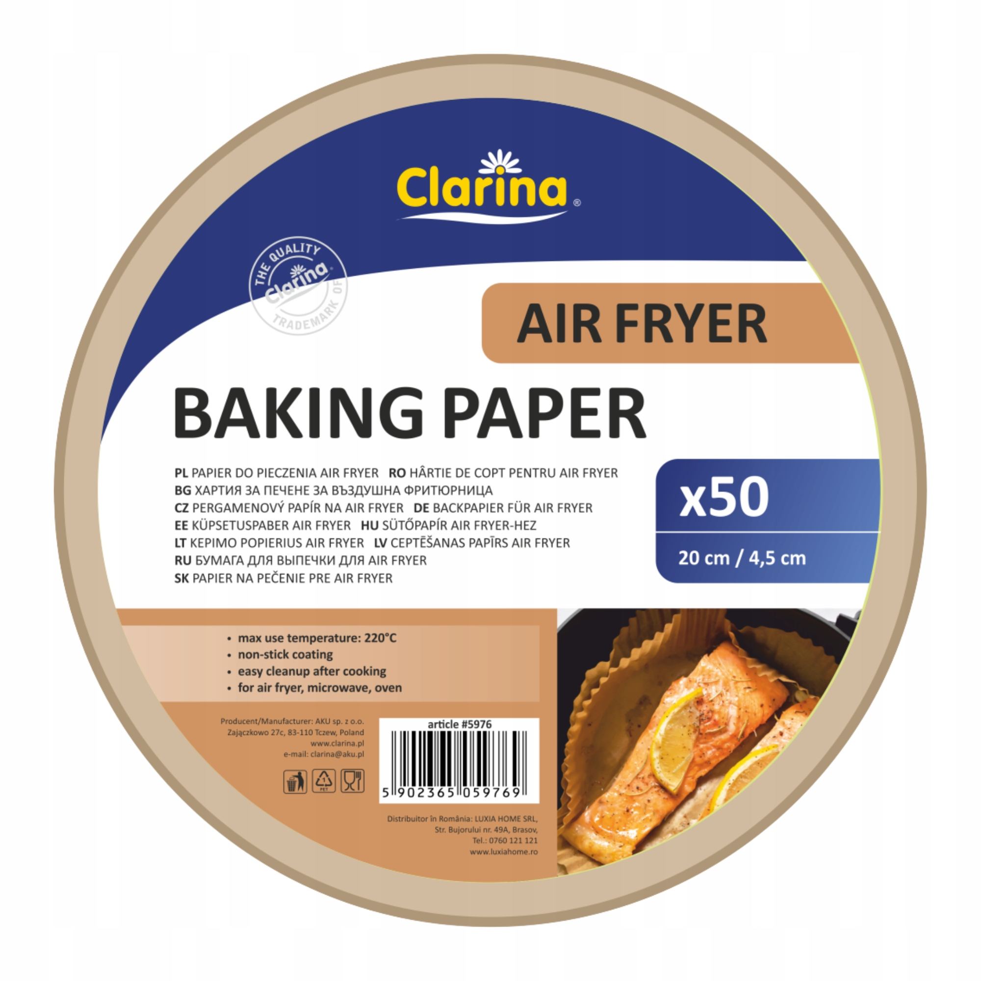 Papier do pieczenia Air Fryer Clarina okrągły 20cm 50 sztuk z powłoką antyadhezyjną.