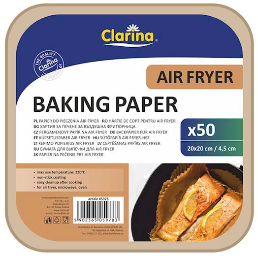 Papier do pieczenia Air Fryer kwadratowy 20x20 cm, opakowanie 50 sztuk marki Clarina.