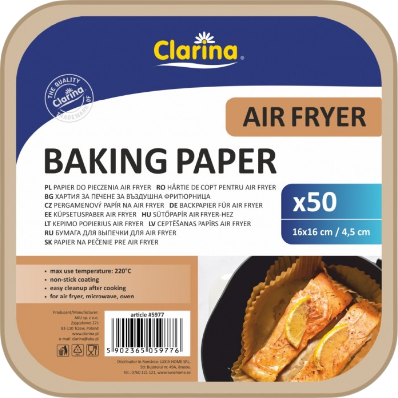Papier do pieczenia Air Fryer kwadratowy Clarina 16x16 cm, opakowanie 50 sztuk, antyadhezyjny.
