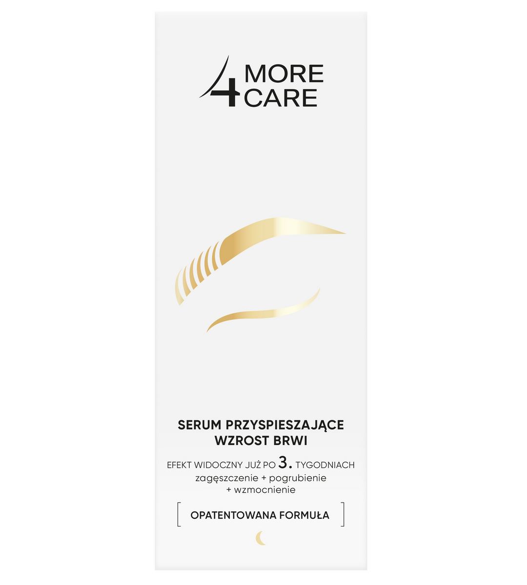 Pudełko serum More4Care przyspieszającego wzrost brwi na białym tle, widok frontu opakowania.