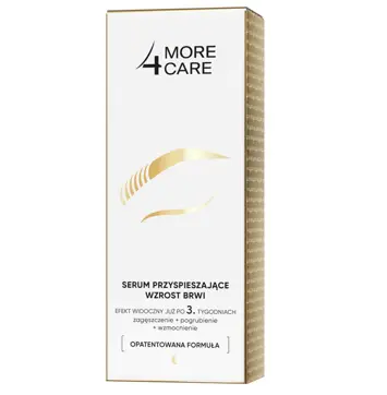 Pudełko serum More4Care przyspieszającego wzrost brwi z widokiem boku opakowania złoto-białego.