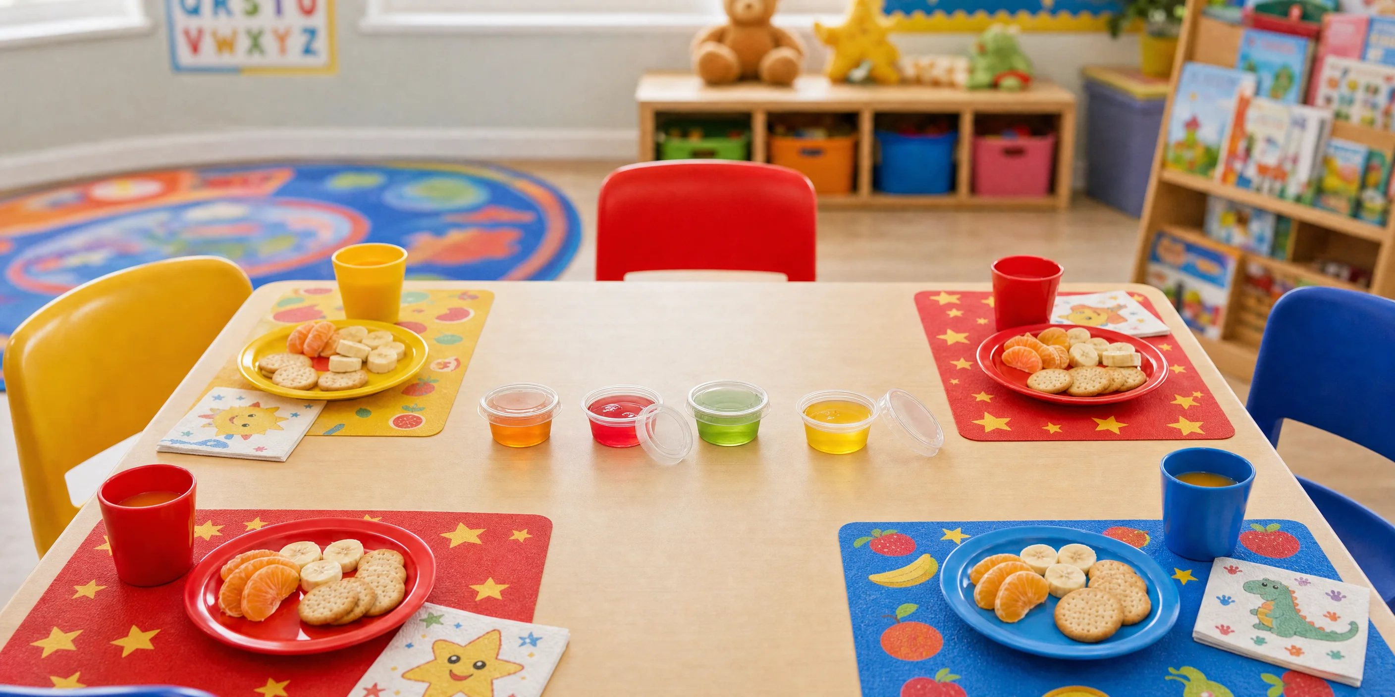 Kolorowe pojemniki i pokrywki na sos 50ml PP na stole w przedszkolnej aranżacji
