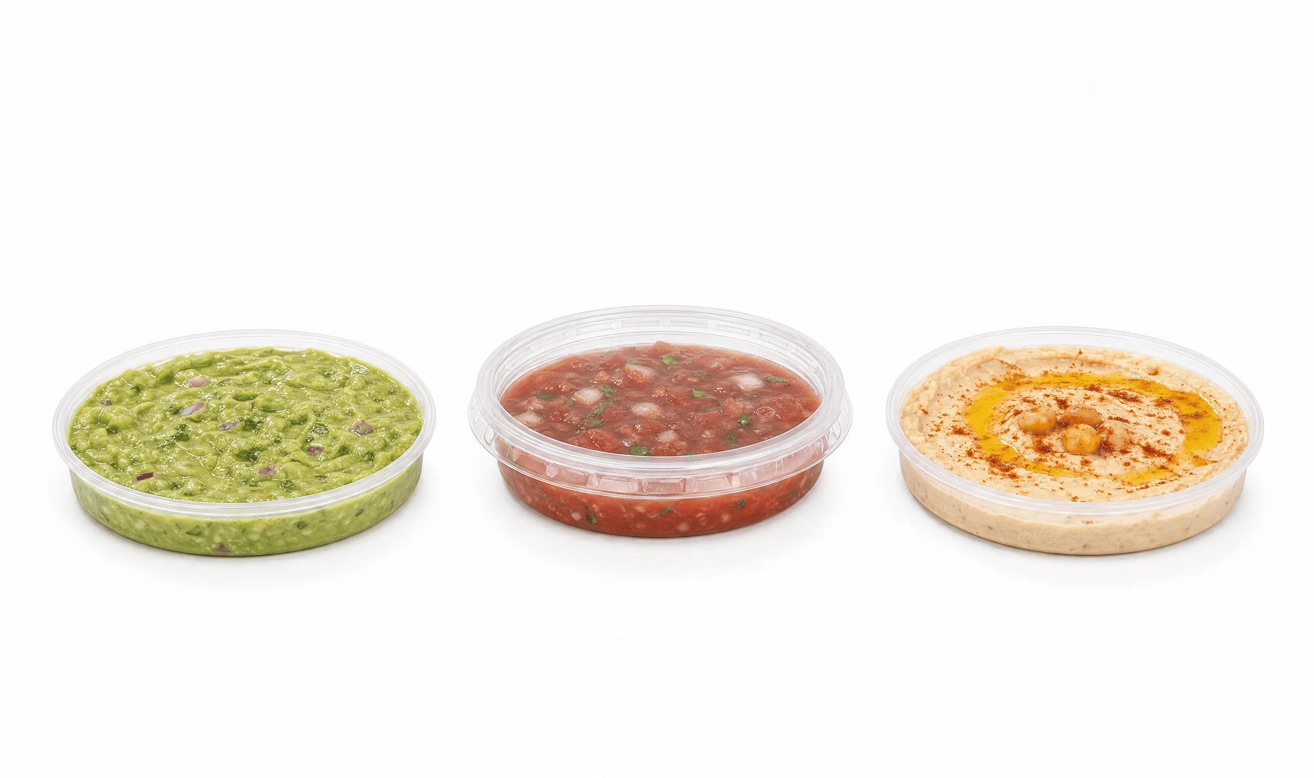 Pojemniki PP 30ml z pokrywkami na sos, przezroczyste, wypełnione guacamole, salsa i hummusem.