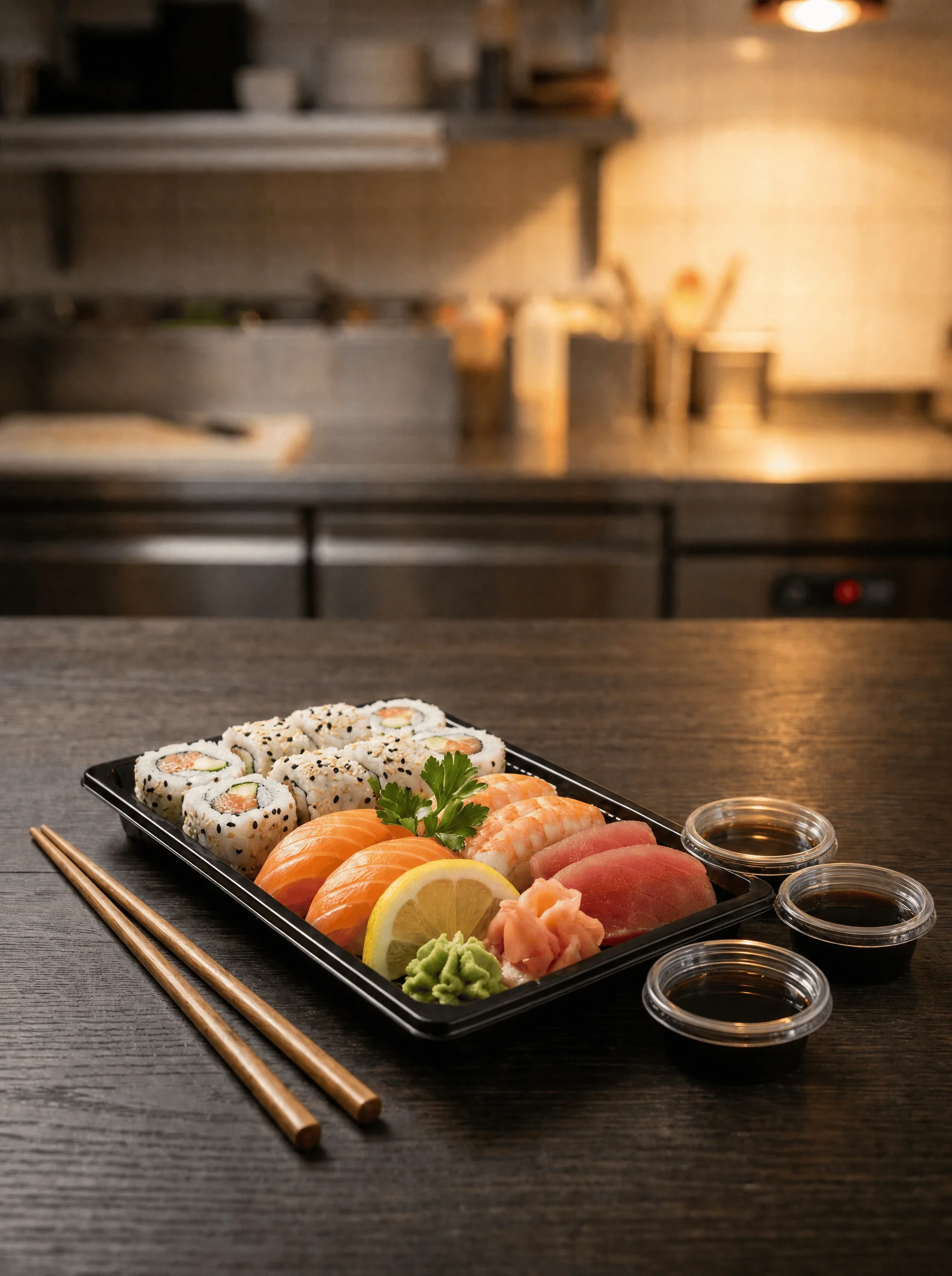 Pojemniki PP 30ml z pokrywkami do sosów, przezroczyste, w aranżacji z sushi i sosem sojowym