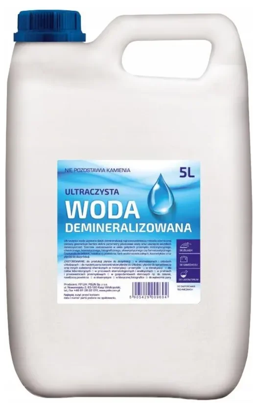 Woda demineralizowana 5L w białym plastikowym kanistrze z niebieską nakrętką i etykietą
