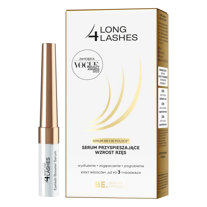 Serum przyspieszające wzrost rzęs 4 Long Lashes w białym opakowaniu z pudełkiem, z aplikatorem i etykietą.
