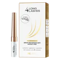 Serum przyspieszające wzrost rzęs 4 Long Lashes w białym opakowaniu z pudełkiem, z aplikatorem i etykietą.