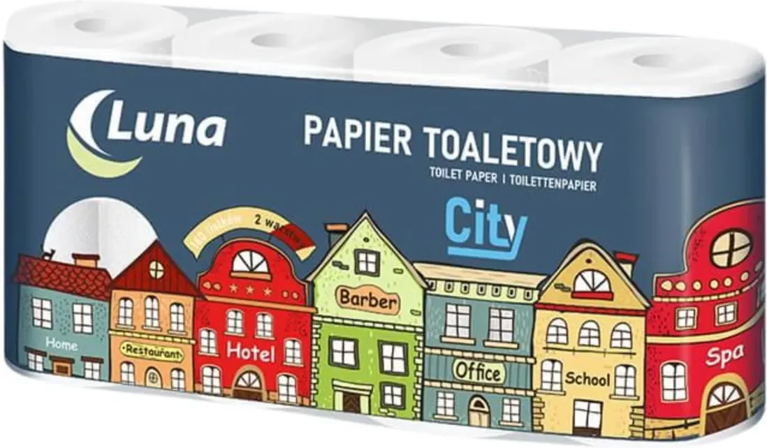 Papier toaletowy Luna City 8 rolek 2 warstwowy, opakowanie z kolorową grafiką miejskiej zabudowy.