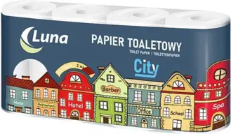 Papier toaletowy Luna City 8 rolek 2 warstwowy, opakowanie z kolorową grafiką miejskiej zabudowy.