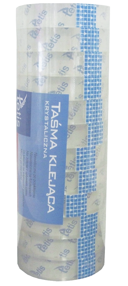 Taśma biurowa TETIS 12mmx20m przezroczysta, zestaw 12 rolek na stojaku.