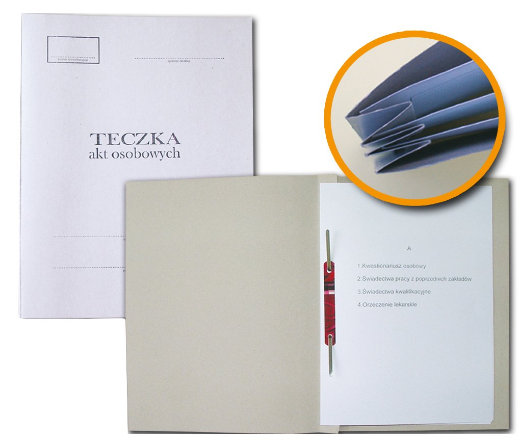 Skoroszyt akt osobowych A4 papierowy z rozszerzanym grzbietem, przekładkami i dociskiem dokumentów.