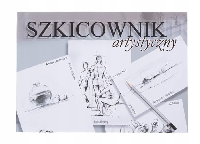 Szkicownik artystyczny A4 z okładką prezentującą przykłady rysunków ołówkiem, w tym szkice postaci i przedmiotów.