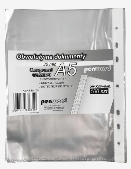 Obwoluta A5 Krystaliczna 100szt Obwoluta groszkowa, wykonana z folii PP o grubości 0,5 mm. Otwierane z góry, co zapewnia łatwe wyciąganie dokumentów, bez konieczności wyjmowania ich z segregatora. Format: A5. 100 szt w opakowaniu.
