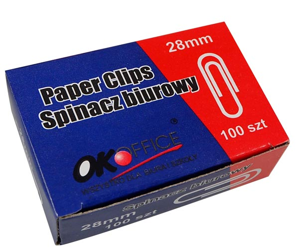 Spinacze biurowe 28mm okrągłe 100szt Wykonane ze stali nierdzewnej, okrągłe spinacze biurowe. Opakowanie: pudełko 100 szt. Opakowanie zbiorcze: 10 pudełek po 100 szt.