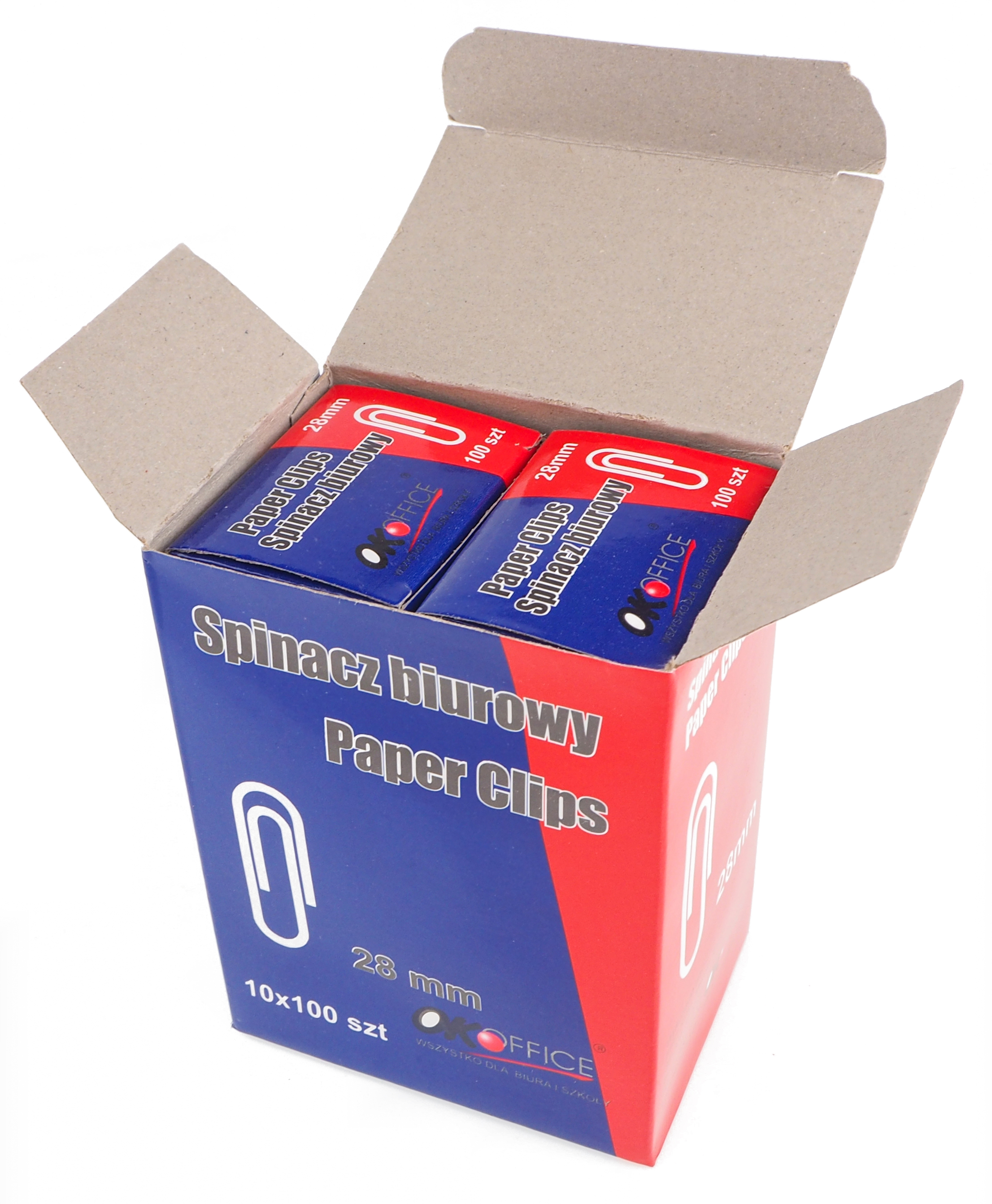 Spinacze biurowe 28mm okrągłe 100szt Wykonane ze stali nierdzewnej, okrągłe spinacze biurowe. Opakowanie: pudełko 100 szt. Opakowanie zbiorcze: 10 pudełek po 100 szt.