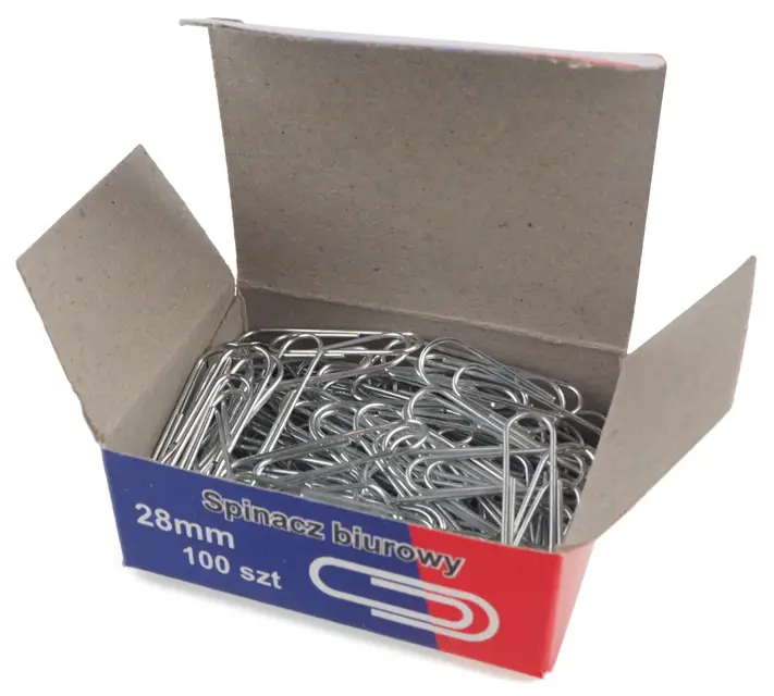 Spinacze biurowe 28mm okrągłe 100szt Wykonane ze stali nierdzewnej, okrągłe spinacze biurowe. Opakowanie: pudełko 100 szt. Opakowanie zbiorcze: 10 pudełek po 100 szt.