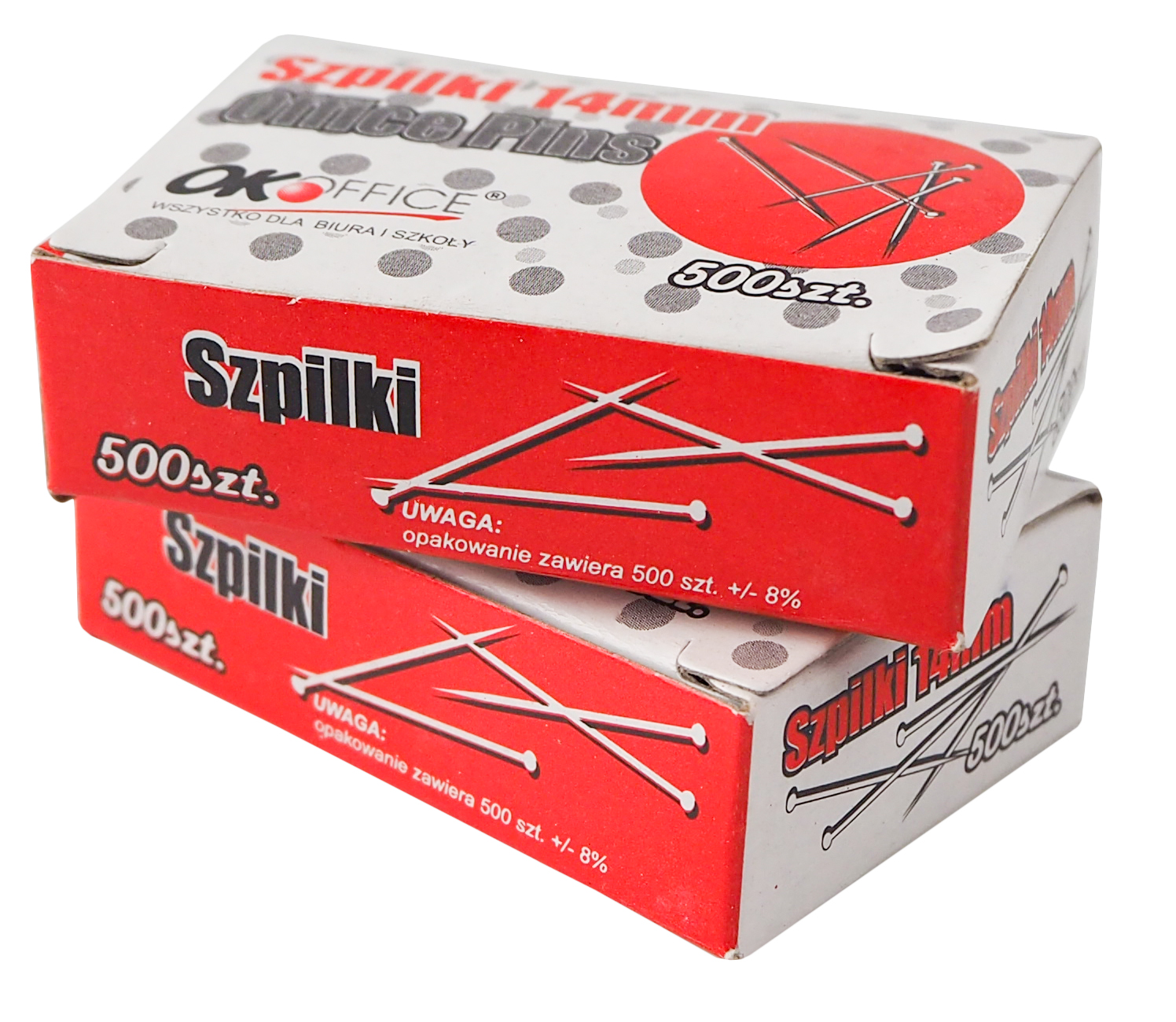 Wykonane ze stali nierdzewnej. Posiadają metalowe główki. Opakowanie: pudełko 50 g / 10 pudełek po 50 g.