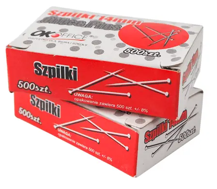 Wykonane ze stali nierdzewnej. Posiadają metalowe główki. Opakowanie: pudełko 50 g / 10 pudełek po 50 g.