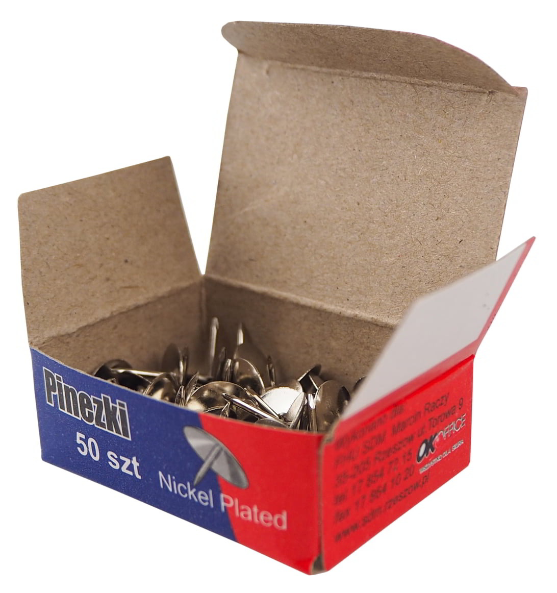 Wykonane ze stali nierdzewnej. Posiadają metalowe główki. Opakowanie: pudełko 50 szt. / 10pudełek po 50 szt.