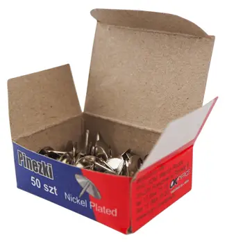 Wykonane ze stali nierdzewnej. Posiadają metalowe główki. Opakowanie: pudełko 50 szt. / 10pudełek po 50 szt.