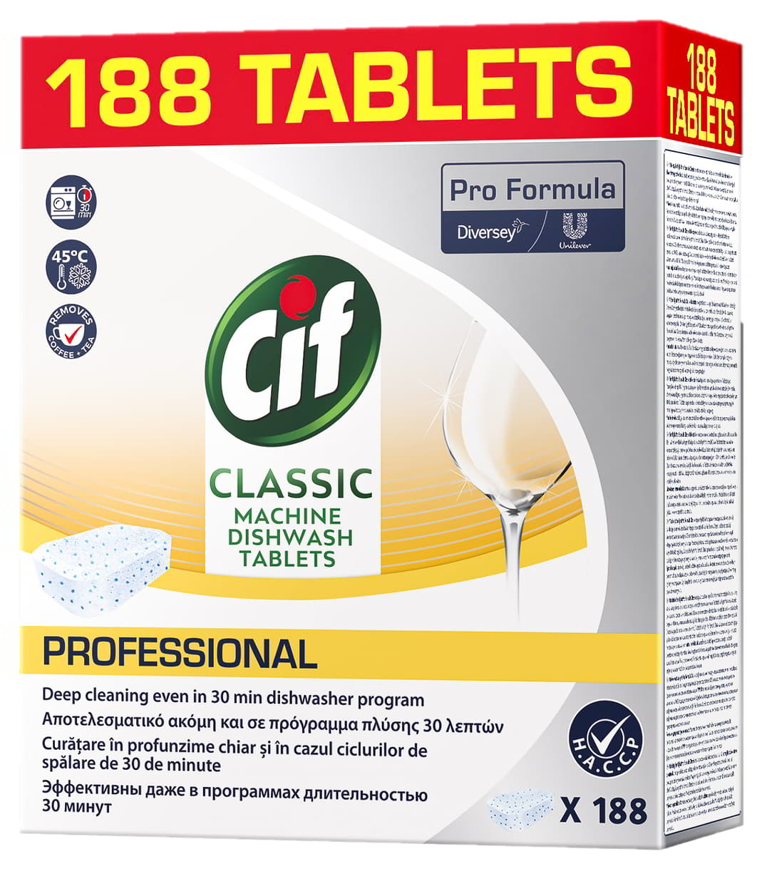 Tabletki do zmywarki CIF Classic Pro Formula 188 sztuk w opakowaniu kartonowym z białym tłem.